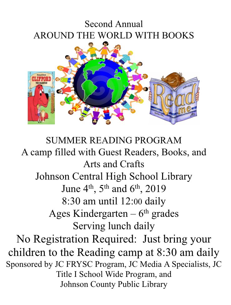 JC_Schools's tweet photo. Spread the word about Johnson County’s 2nd Annual Around the World with Books  Reading Camp! https://t.co/laijW98nAe