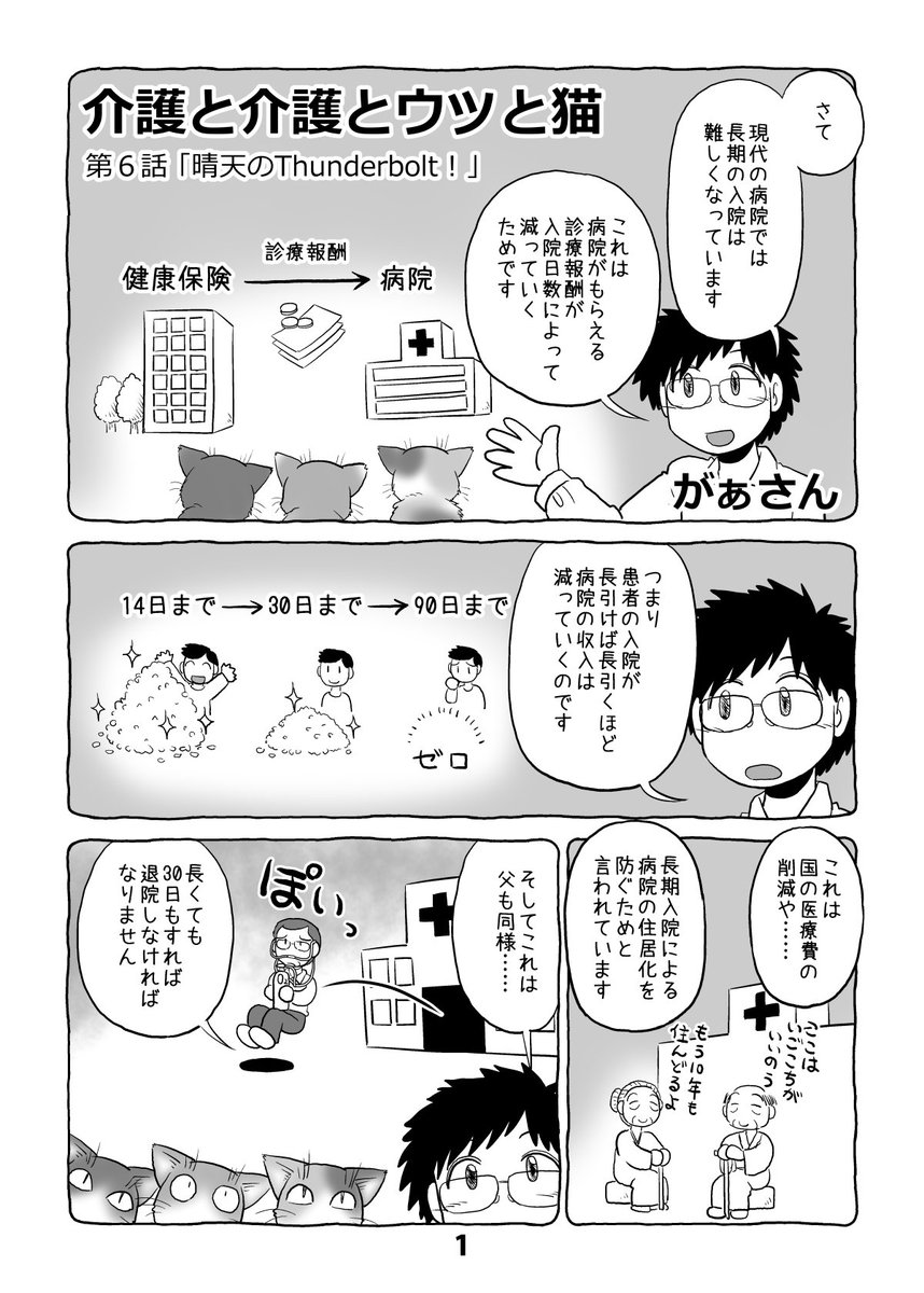 介護日記マンガ「介護と介護とウツと猫」第6話。1/2。 #介護と介護とウツと猫 