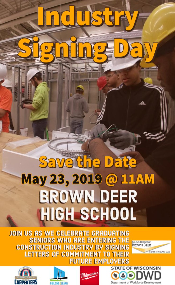MrGriffie's tweet photo. Looking forward to #TeamBrownDeer's Industry Signing Day with #Building2Learn. 9 Seniors will be kicking off their registered apprenticeships in carpentry, HVAC, electrical, and plumbing. Stop by and support these young adults! https://t.co/YnuZWWuR8Z