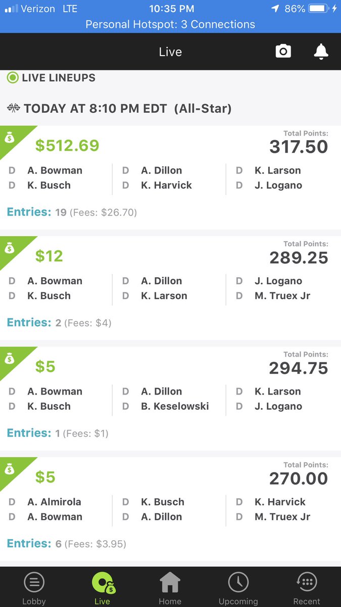 NCBetz247's tweet photo. Absolutely crushed the AllStar Race tonight on DK and FD with some help from the @nextleveldfs #FAST3 team. https://t.co/1rTJa5C40t