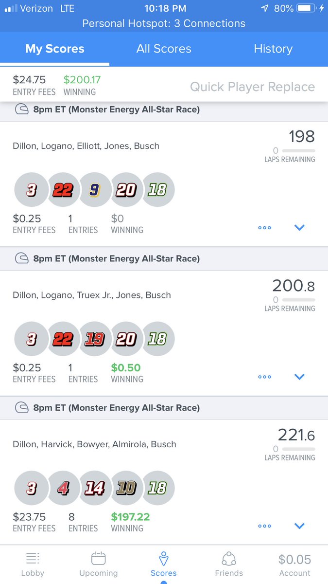 NCBetz247's tweet photo. Absolutely crushed the AllStar Race tonight on DK and FD with some help from the @nextleveldfs #FAST3 team. https://t.co/1rTJa5C40t