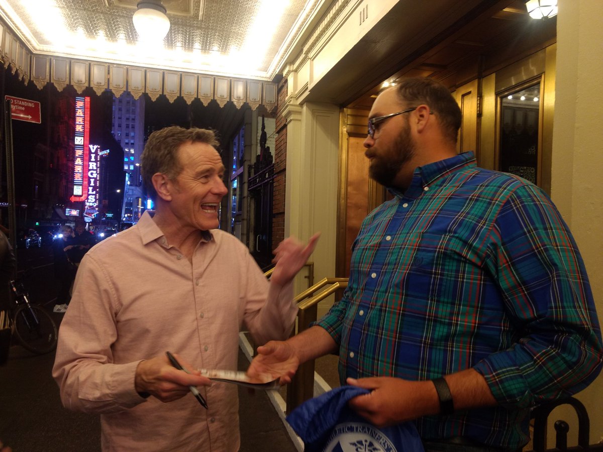 mj33jm's tweet photo. Got to meet The @BryanCranston tonight after @NetworkBway. He's been great in so many things, I decided to compliment his Dr. Tim Whatley. And he called me an anti-dentite! What a great night! #Broadway #NetworkBroadway #NYC https://t.co/RrqUWY1oW1
