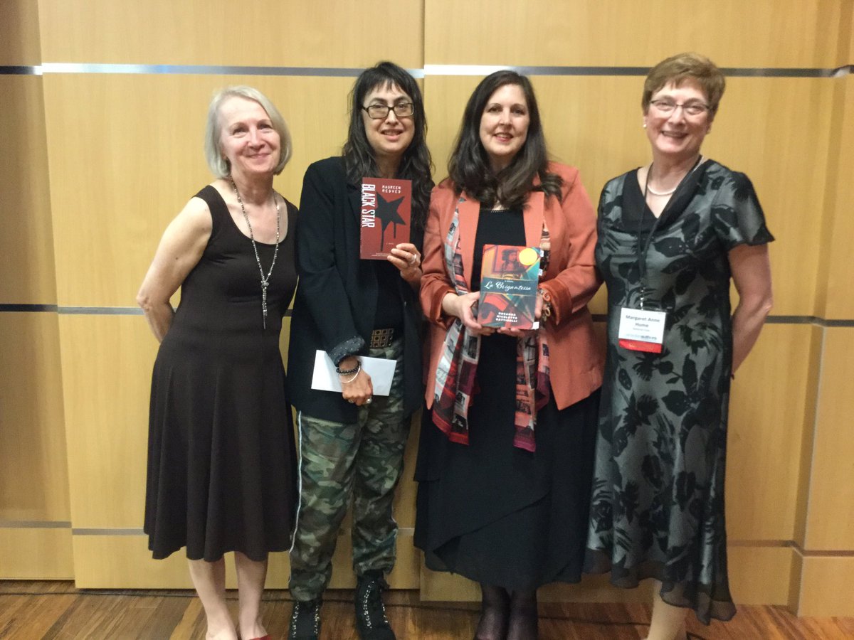 canauthors's tweet photo. #CanWrite19 Fred Kerner Book Award winner and short-listed nominee Maureen Medved and Rosanna Micelotta Battigelli with Canadian Authors National Chair Margaret Anne Hume and Canadian Authors Executive Director Anita Purcell. #WritersConference #UBC #Vancouver #CanadianAuthors https://t.co/Ok4w4I9P5n