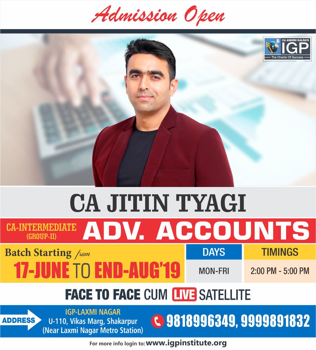 👉Adv. #Account (#CA_Intermediate Group-2) with #CA_Jitin_Tyagi
📌#Batch Starting from 17 June'19
📣#Registration_Open

Visit- igpinstitute.org

#advanceaccount #newbatch #batchstarting #admissionopen #applynow #enrollnow #CA #CS #CMA #IGP #ICAI #caashishkalra #ICSI