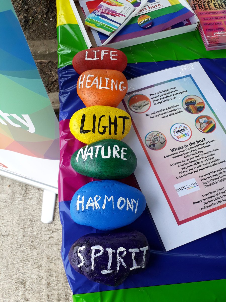 hortidreamer's tweet photo. #paintapebble for the first @prideinsurrey is well underway, thanks to the kind generosity of @LawsonsUK for a supply of pebbles. Donations of painted pebbles greatfully received as we aim for a world record #rainbowflag @EikonCharity #wokingtwister #youthworker https://t.co/hF5RW28WMk