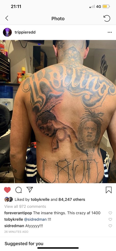 sidredman97's tweet photo. I CANT BELIEVE @trippieredd  PUT MY TATTOO ON HIS PAGE WHAT THE FUCK!!! 1400 THE FUCKING GOAT💯 https://t.co/sp09vA6Y3u