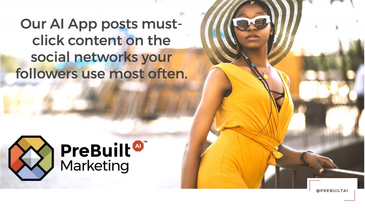 cristinl111's tweet photo. PreBuilt Marketing AI has arrived. PreBuilt's AI insights show you what's working and what isn't with your posts. Learn about your audience and improve your campaigns. Try our AI technology for free today!
https://t.co/BkrDjHZAKq
#prebuiltai #worksmarter #socialmediamarketing https://t.co/K2Zas73THg