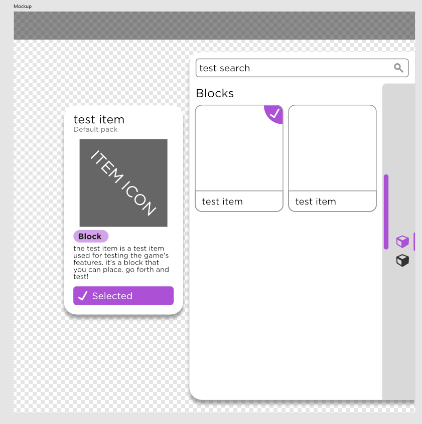 WIP (but close to final) mockup of a build asset selection sidebar thingy. #Roblox #RobloxDev