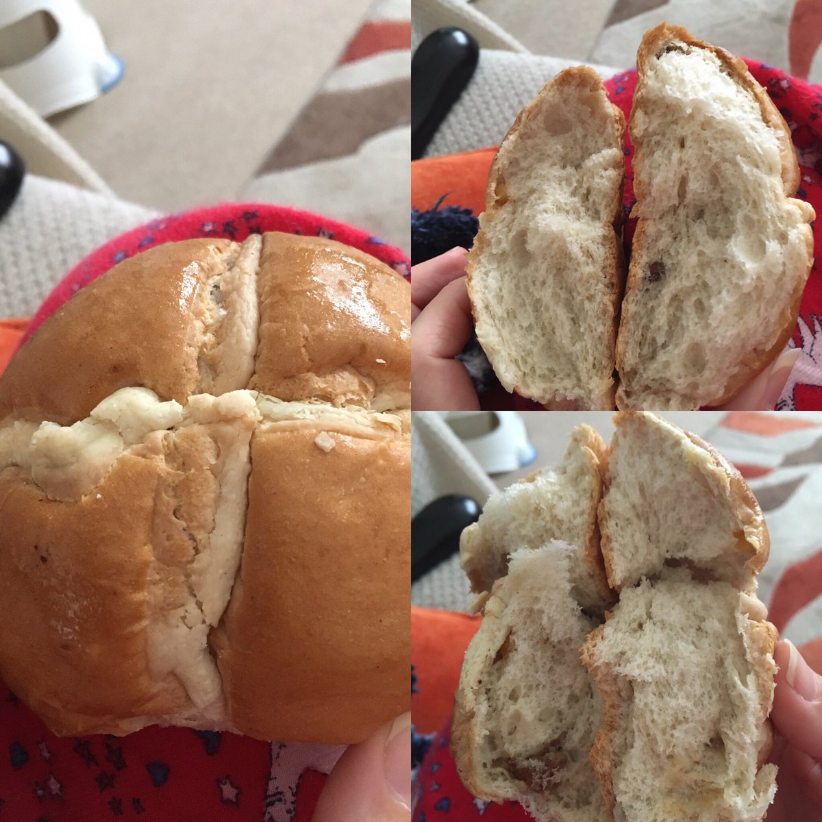jenn4763's tweet photo. Freshly made @Morrisons hot cross buns. Although the fruit seem to be playing hide and seek 2 raisins in the whole bin. https://t.co/RjfcnekEK2