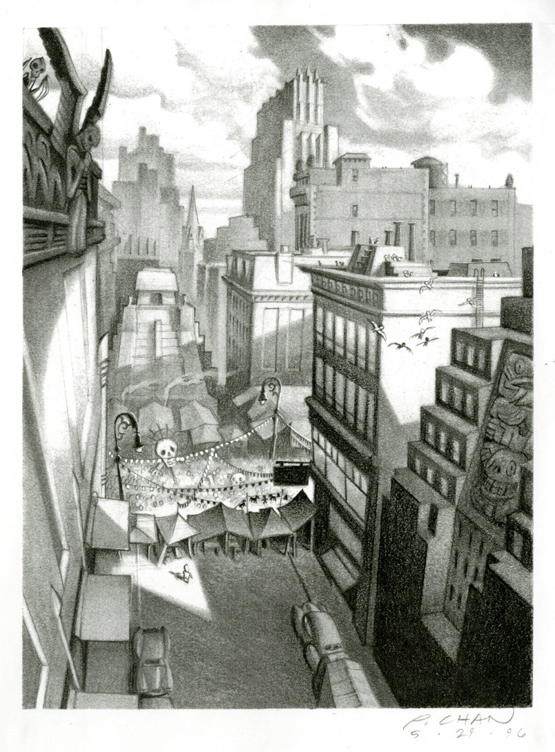 The following year, he will collaborate on  @TimOfLegend 's masterpiece by probably signing his finest works,  #GrimFandango. Atmospheric masterpiece between art deco and film noir.