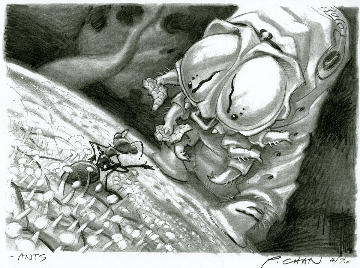 Gradually turned to the cinema (he participates in the concept and storyboard of Superman Lives, Star Wars Episode 1, Harry Potter 1, the son of the Mask) ... Peter Chan signs almost all of the concept arts of  #Antz (1996)