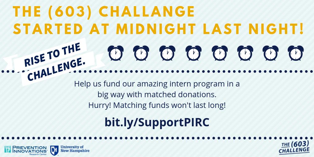 WePreventNow's tweet image. There is a pool of $150,000 waiting to match your donation! Gifts will be matched up to $150 until these funds run out!! This is the perfect time to make a huge difference without hurting your wallet.
Click here: bit.ly/SupportPIRC
#UNH603 #603Challenge #ThisIsUNH #PIRC