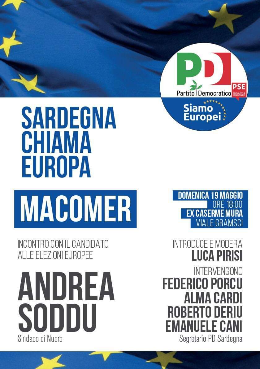 Oggi pomeriggio, a partire dalle ore 18.00, il nostro candidato alle elezioni europee Andrea Soddu sarà alle ex Caserme Mura in viale Gramsci a #Macomer. Insieme al segretario regionale, Emanuele Cani, Roberto Deriu, Alma Cardi, Federico Porcu e Luca Pirisi.