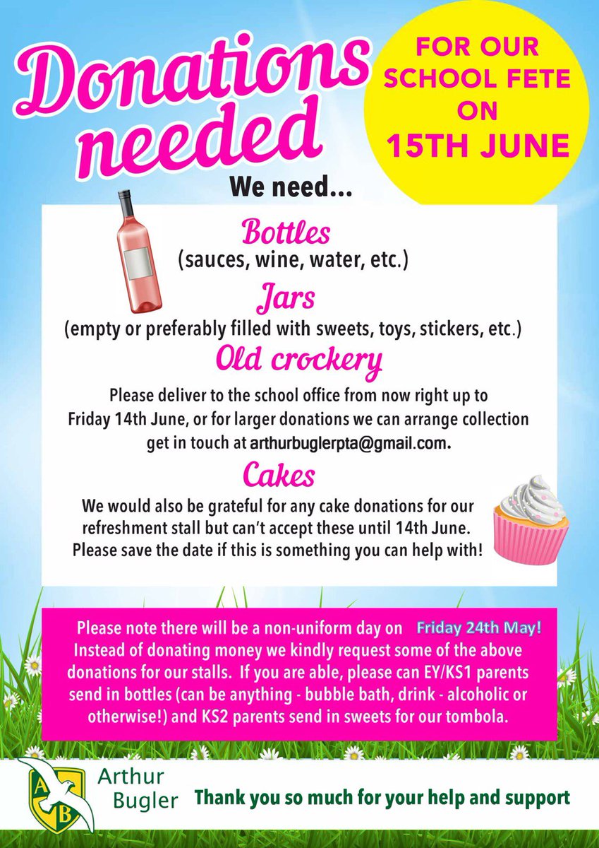 ArthurBugler's tweet photo. Our Summer Fete is just around the corner!!! This is our biggest event and we raise lots of money for amazing school but WE NEED YOUR HELP!!! We need lots of the following donations to ensure this can be a success... @ArthurBuglerPTA 
#bestschoolyearever #bestPTAever https://t.co/gnLsjZBUKF