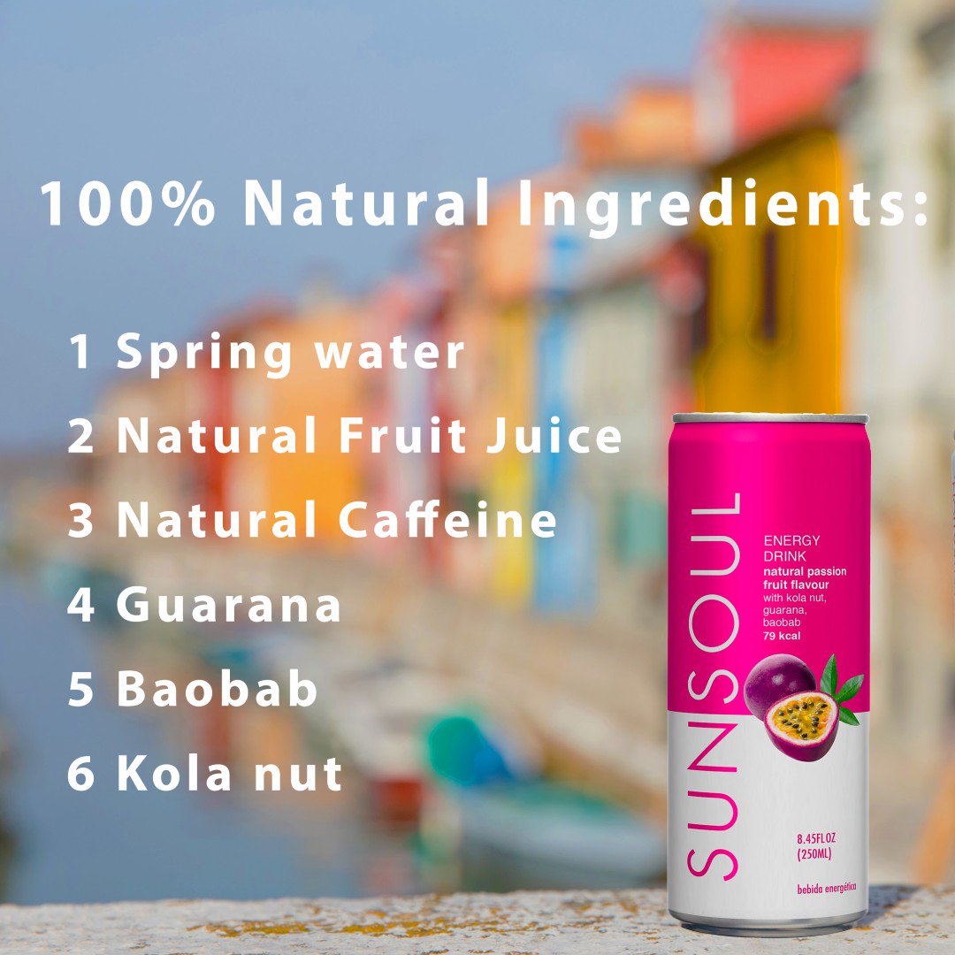 Sunsoul is made up of 6 natural ingredients: #SpringWater #NaturalFruitJuice #NaturalCaffeine #Guarana #Baobab #KolaNut
.
The botanical extracts ( Guarana, Baobab and Kola Nut) have been specifically sourced for their nutritional goodness and long lasting energy delivery.
