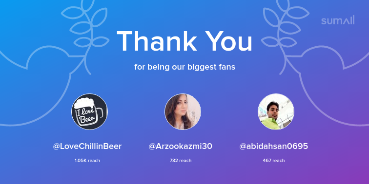 Our biggest fans this week: LoveChillinBeer, Arzookazmi30, abidahsan0695. Thank you! via sumall.com/thankyou?utm_s…
