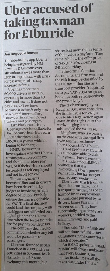 As the Sunday Times reports, we will, early next week, sue HMRC for failing to act in relation to Uber's tax dodging.