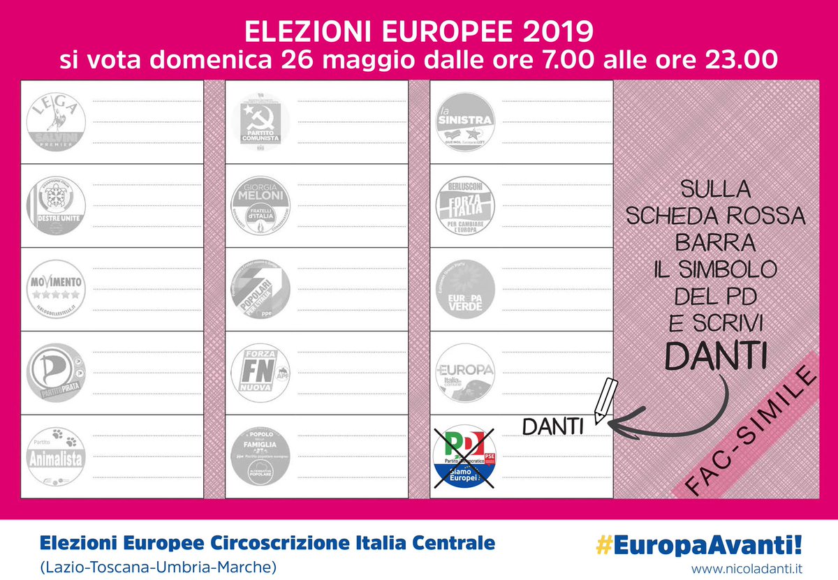 🗳#ELEZIONIEUROPEE 26 MAGGIO
✏️COME SI VOTA 
Tra 7 giorni si vota, tra 7 giorni potremo fare la nostra parte per salvare l’Europa da chi come Lega e 5 Stelle la vorrebbe debole e divisa.
Il 26 maggio (dalle 7 alle 23) barra il simbolo del PD e #scriviDANTI