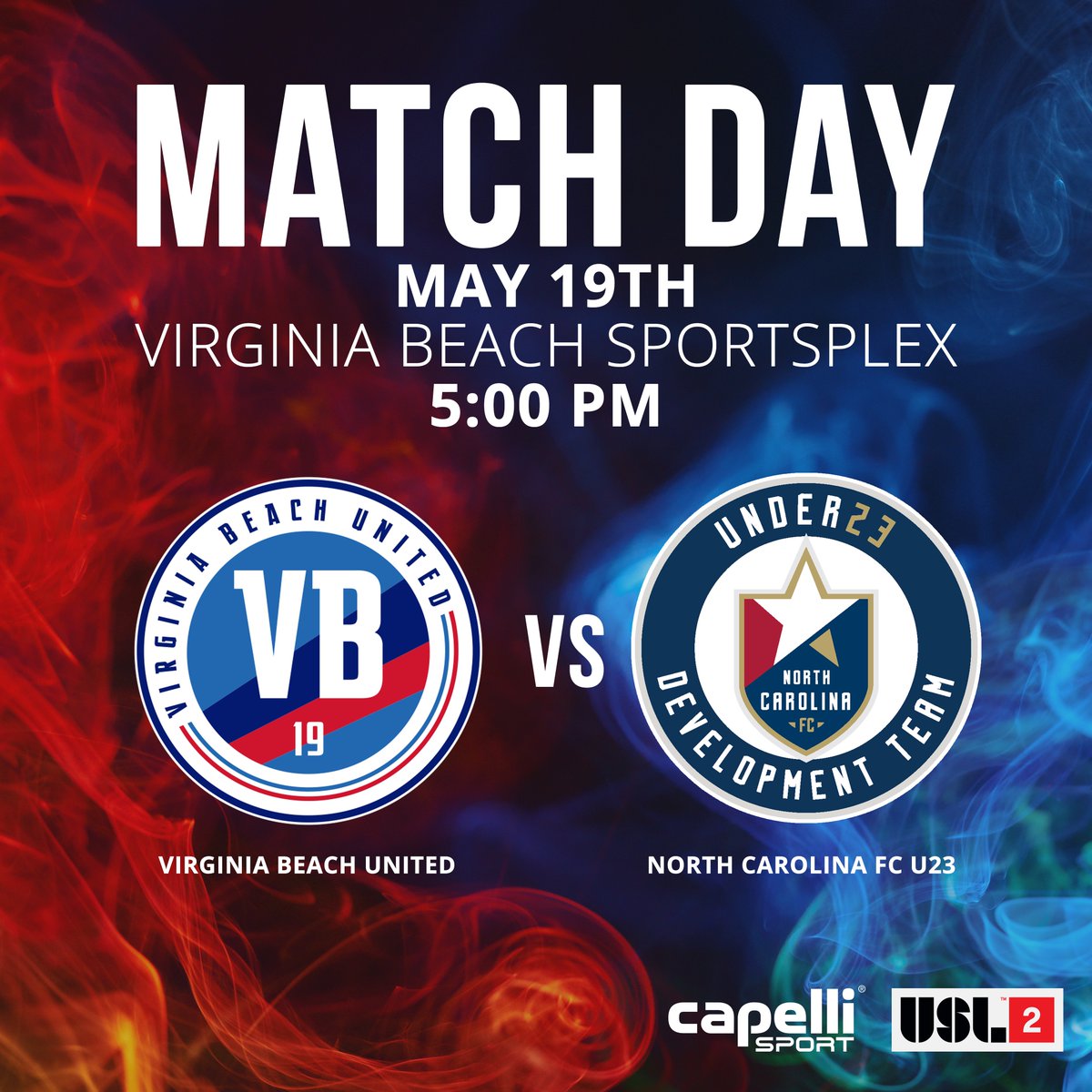 vbunited_'s tweet photo. HOME GAME-TONIGHT, May 19th, 2019 at 5PM, VB United kicks off Game 2 in the USL League Two against North Carolina FC U23 at the VB Sportsplex! It is also Military Recognition Night! Come out and PACK THE PLEX!!! #vbu #vbunited #PlayAtThePlex #uslleaguetwo #path2pro @USLLeagueTwo https://t.co/8jHQ58L43Z