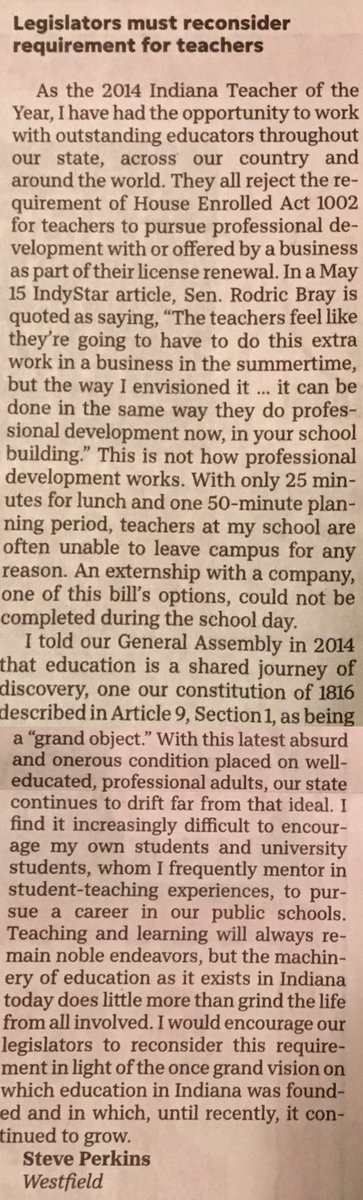 INTOY2014's tweet photo. My letter to the Indianapolis Star about the absurd new requirement for teachers. https://t.co/Rcrwg8Ilic
