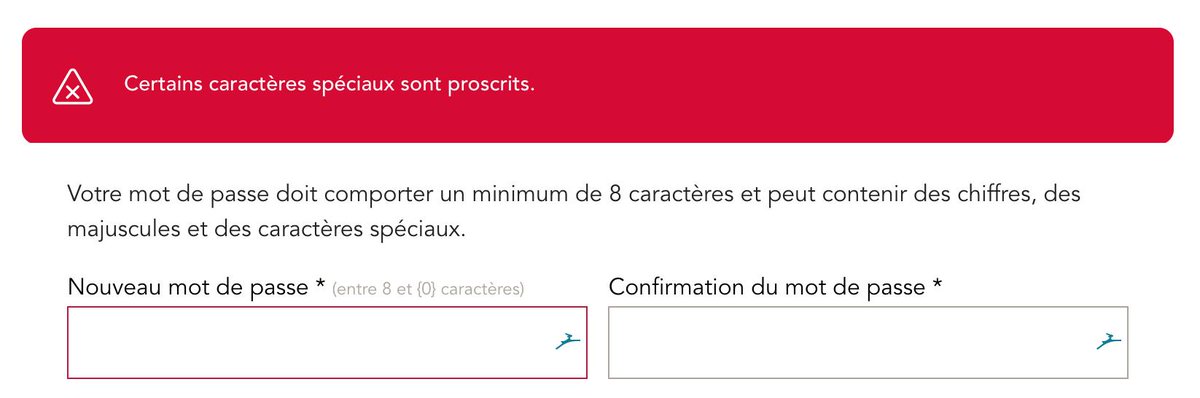 div_ds's tweet photo. @ouisncf hey votre formulaire pour changer le mot de passe est un peu cassé 😕 visiblement un mot de passe peut comporter des caractères spéciaux mais en fait pas tous, et puis il doit comporter "entre 8 et {0} caractères" 🙈 https://t.co/0e0J5UDcV3