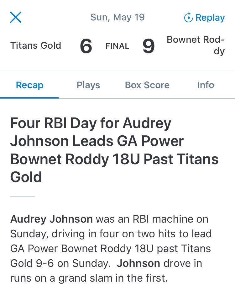 SHSFastpitch1's tweet photo. Nice job to our SHS Varsity Fastpitch player, Audrey Johnson!  Grand Slam and 4 RBI helping her GAP travel team to an early victory this morning! https://t.co/xLWhmj1mVC