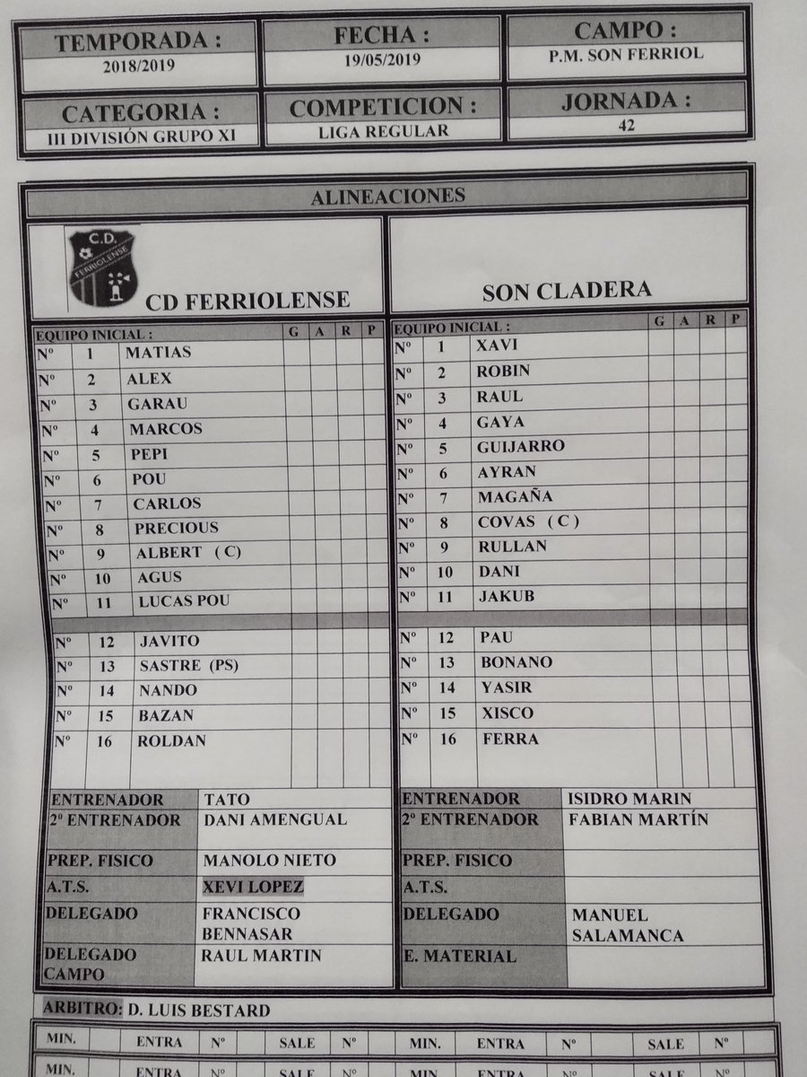 📣ALINEACIONS
@cferriolense 🆚 <a href="/CD_SonCladera/">CD Son Cladera</a> 
⏰ 17:00