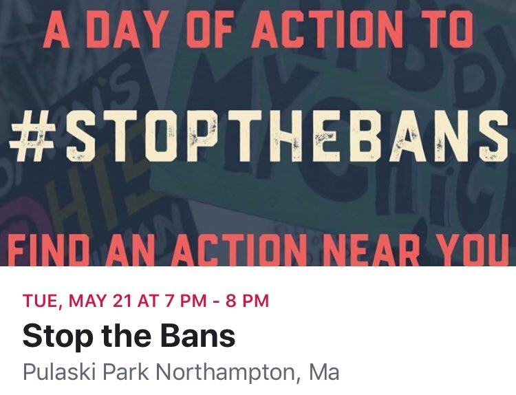 valleywomensmar's tweet photo. Join together and say #STOPTHEBANS!!

📅 Tues 5/21
⏰ 7 pm
📍 Pulaski Park, Northampton 

Hear from @jentaub, Rep. @SabadosaMA, PVWM director @RachelMaiore &amp; Dr. Shirley Whitaker

Co-hosted by @pvwomensmarch, @indivisiblenoho &amp; @TheResistCenter https://t.co/NwfSiUXD5L