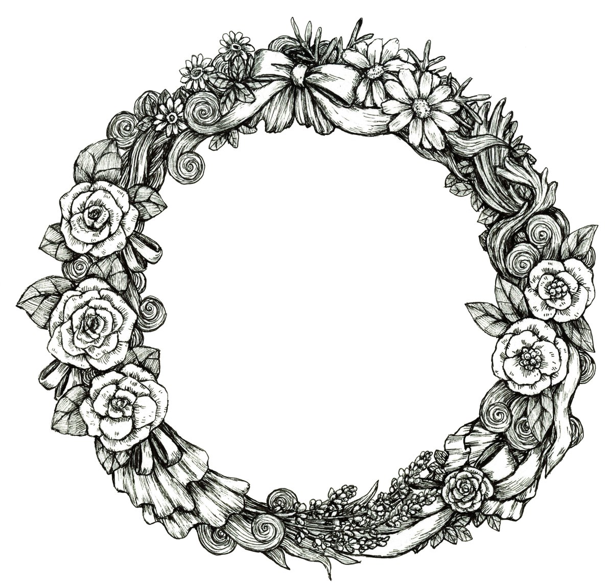 えんや まよ 花のリース着彩しました イラスト ペン画 水彩 えんや まよ 花のリース着彩しました イラスト ペン画 水彩