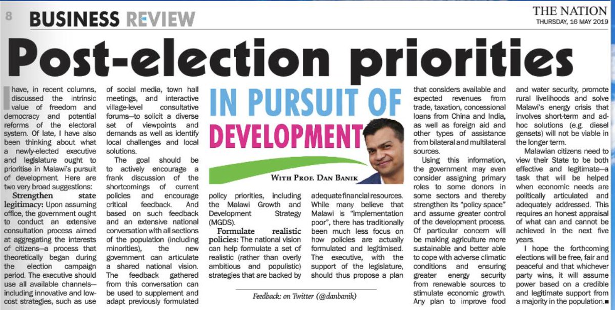 danbanik's tweet photo. As #Malawi heads to the polls on Tuesday, I suggest two broad sets of post-election priorities for the new government:
* strengthened state legitimacy
and
* formulation of "realistic" policies
https://t.co/kSZvcZbLFR
#InPursuitofDevelopment #globaldev @sum_uio https://t.co/orabdPGBV1