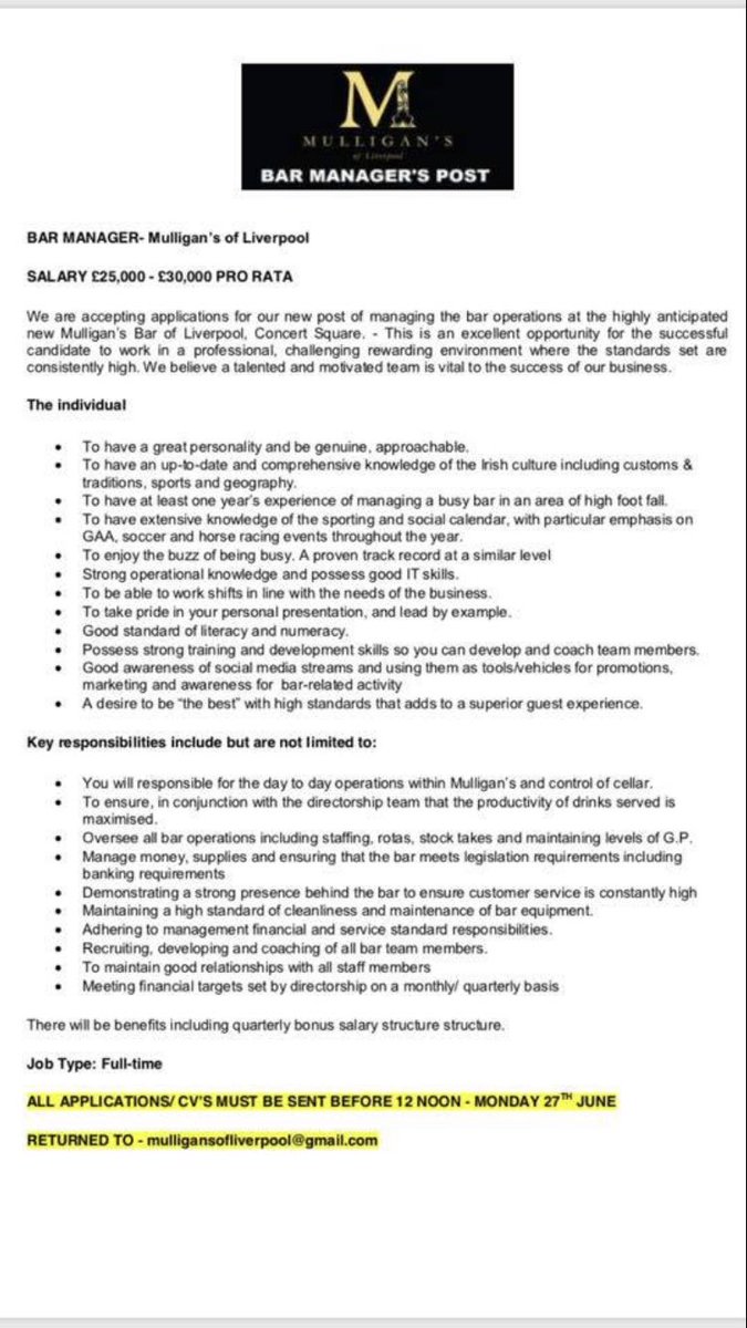 Owen Mulligan (@owen_mulligan) on Twitter photo * MANAGER’S ROLE * ☺️
We are delighted to be able to welcome applications regarding the management of our highly anticipated new premises.  
ALL APPLICATIONS MUST BE RETURNED TO US THROUGH EMAIL BEFORE 12 NOON ON MONDAY 27th JUNE 
mulligansofliverpool@gmail.com * MANAGER’S ROLE * ☺️
We are delighted to be able to welcome applications regarding the management of our highly anticipated new premises.  
ALL APPLICATIONS MUST BE RETURNED TO US THROUGH EMAIL BEFORE 12 NOON ON MONDAY 27th JUNE 
mulligansofliverpool@gmail.com
