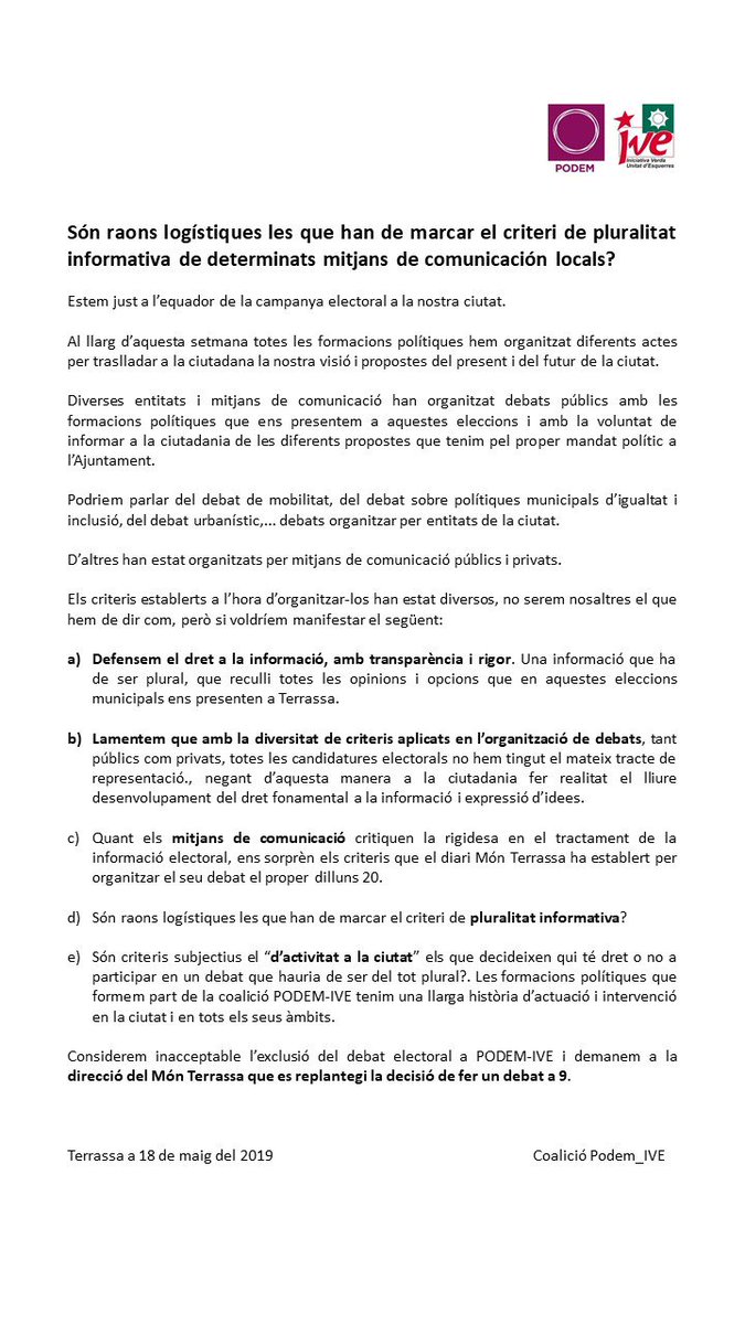 ICV_terrassa's tweet photo. #Terrassa #municipalscat #Terrassa26M #PodemIVE @EUiA_TRS @PodemTerrassa comunicat sobre els debats electorals de ciutat #DebatMonTerrassa https://t.co/D7nnGa7wJn