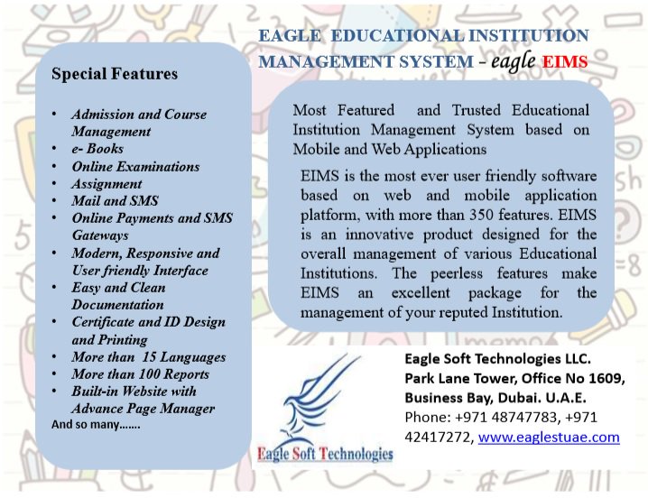 EagleSoftTech's tweet image. #eagleEIMS   Eagle #EducationalInstitutionManagement System
We are introducing most ever #user_friendly #Software, both #web and #mobile based platform with more than  350 features. #eagleEIMS is an #innovative_product for overall management of your reputed institution.