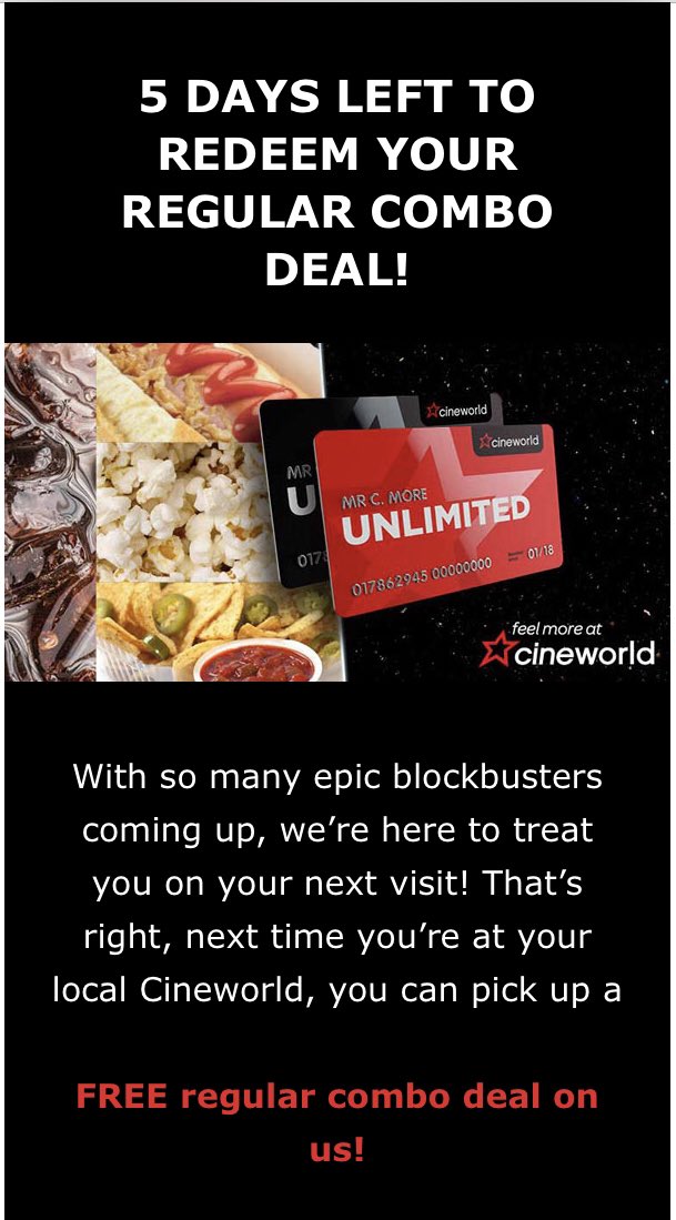Chornz's tweet photo. Hi @cineworld this offer isn’t coming up on my card, can you help? https://t.co/5UGY15ecJF