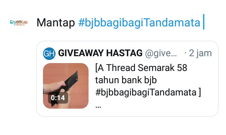 EnjoyKuis's tweet photo. Giveaway9 Pulsa 50K
buat 2 orang masing2 @ 25K

Retweet tweet 👉 https://t.co/mVq0lYiEyx 

Quote tweet dengan 1 kata + #bjbbagibagiTandamata 

END : Jam 20:00 Wib (1jam) 

Contoh seperti ini 👇 https://t.co/kJ3iw2lcl6