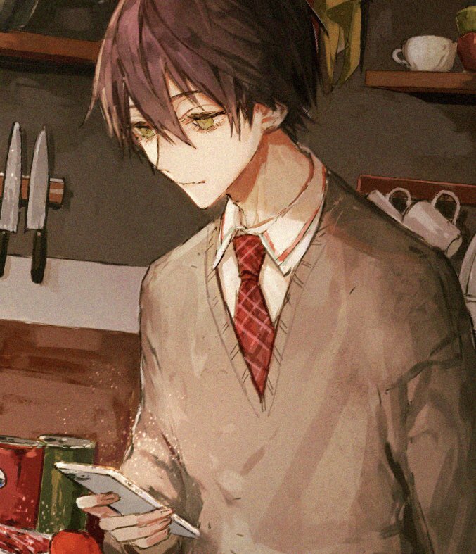 1boy male focus solo necktie red necktie cutting board kitchen  illustration images