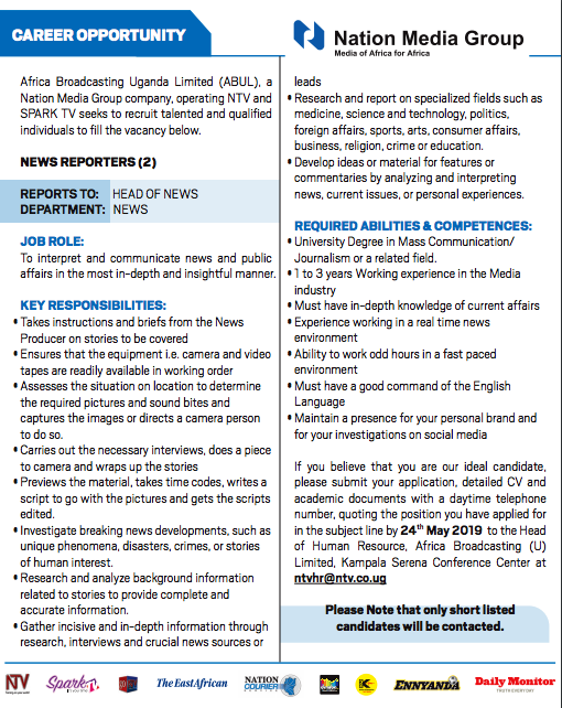 JOB ALERT 🔉: How passionate are you about news and telling stories? Africa Broadcasting Uganda Limited is looking for 2 news reporters. 

Got what it takes? Here's a great opportunity for you!!!