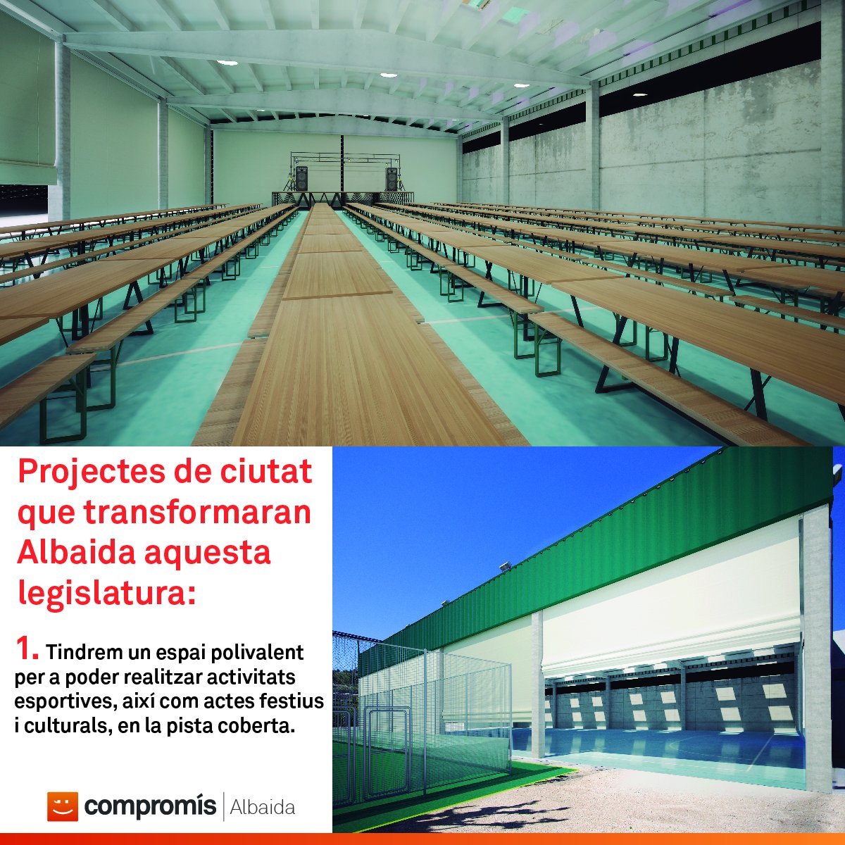 🌱 Donem resposta a una reivindicació del poble:
🌼 Per això habilitarem com a espai per a actes festius, esportius i culturals la pista coberta del poliesportiu.
💪 programacompromisperalbaida.com
👉 Amb @josepalqui i <a href="/compromis/">Compromís</a> per #Albaida tot és possible! #CreixemAmbTu