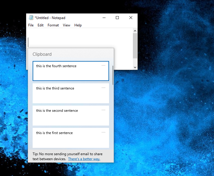 Showing clipboard history - 4 entries are visible, this is different from 1809 where only 2 entries we're fully visible without scrolling