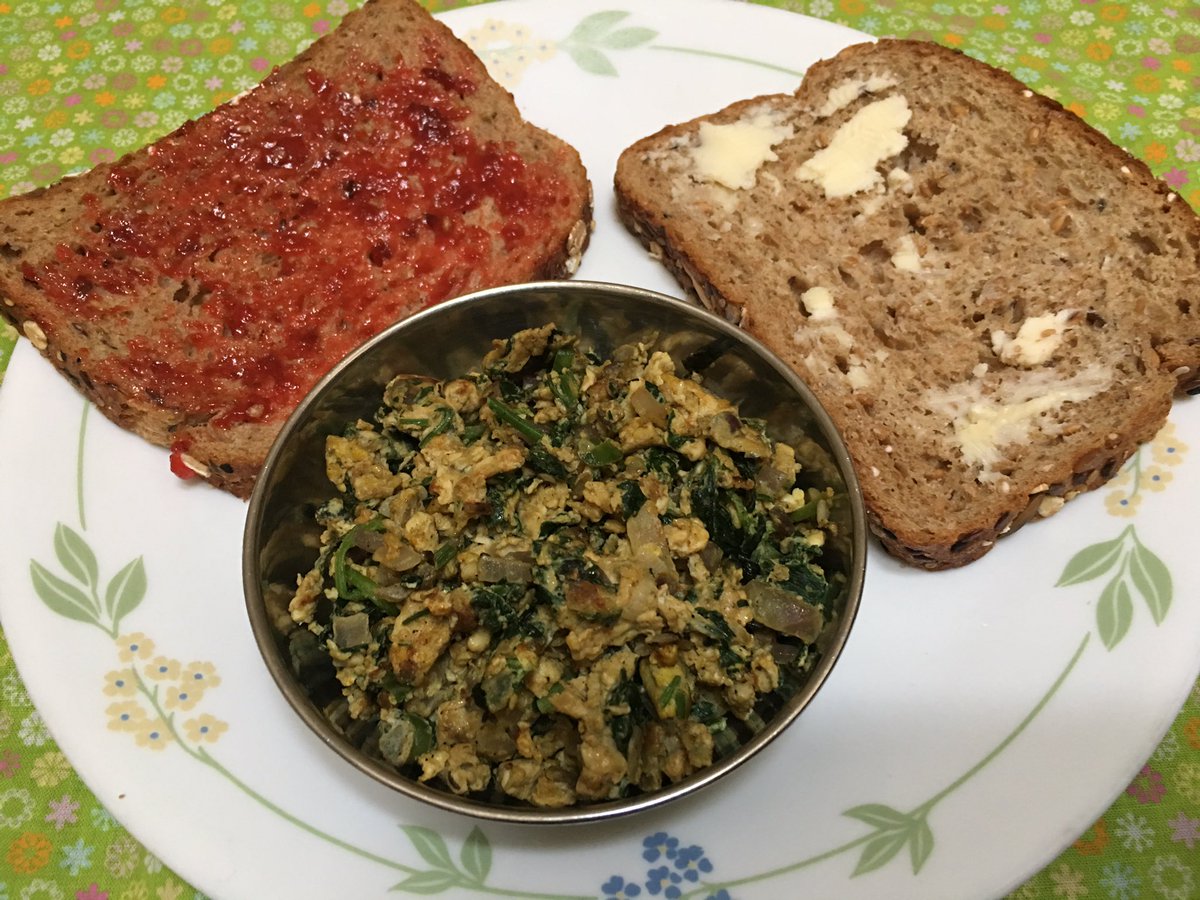Too lazy to cook on a Sunday morning, making it passable with Fenugreek scrambled eggs, Dave’s killer bread with butter& taste of childhood- Kissan Jam