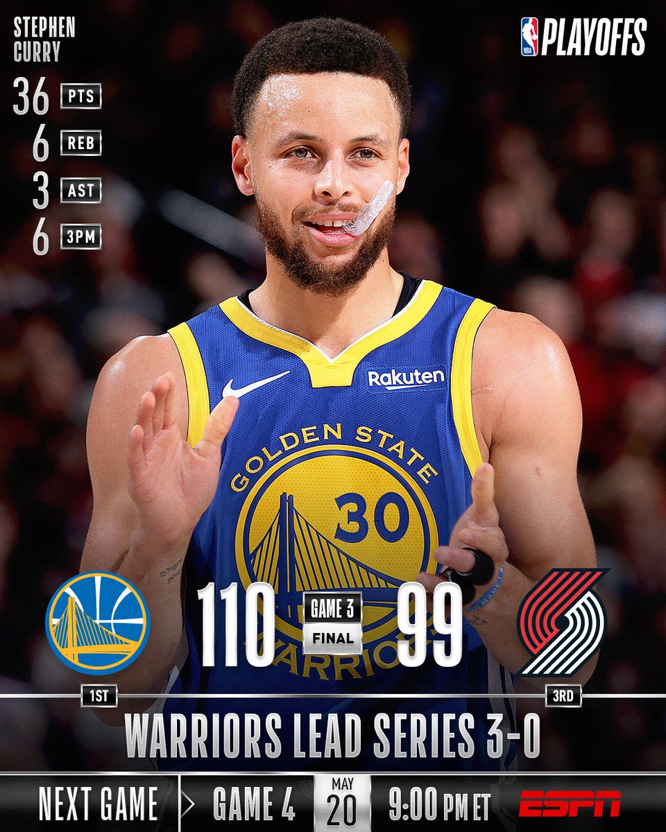 NBA's tweet photo. The @warriors take commanding 3-0 lead in the Western Conference Finals with 110-99 victory in Portland! 

https://t.co/rPFh8oYmhh https://t.co/vCmKL3DLIq