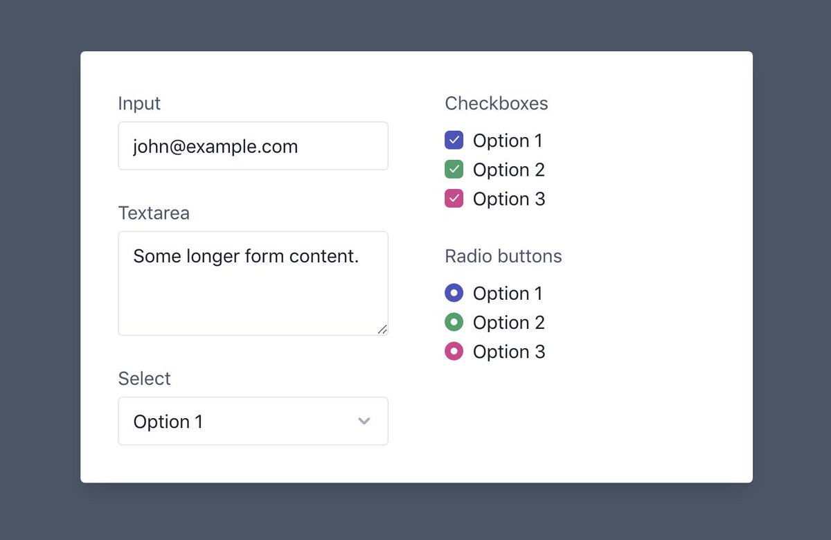 adamwathan's tweet image. 👨🏻‍🔬 Experimenting with a (totally optional) basic forms plugin for @tailwindcss that gives simple, cross-browser form styles out-of-the-box but is still easy to customize by adding utilities.

Goal is to make it easier for people to style form elements without writing CSS 👍🏻