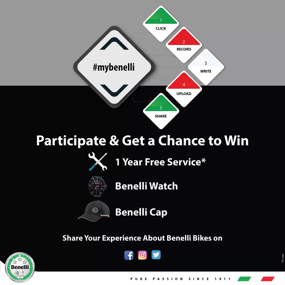 BenelliIndia's tweet image. Click. Record. Write. Upload. Share, #Benelli Superbike Experience with hashtag #MyBenelli on Facebook | Instagram or Twitter and get a chance to win #1 One Year FREE Service* #2 Benelli Watch #3 Benelli Cap every month*. #BenelliIndia Start commenting to participate!
