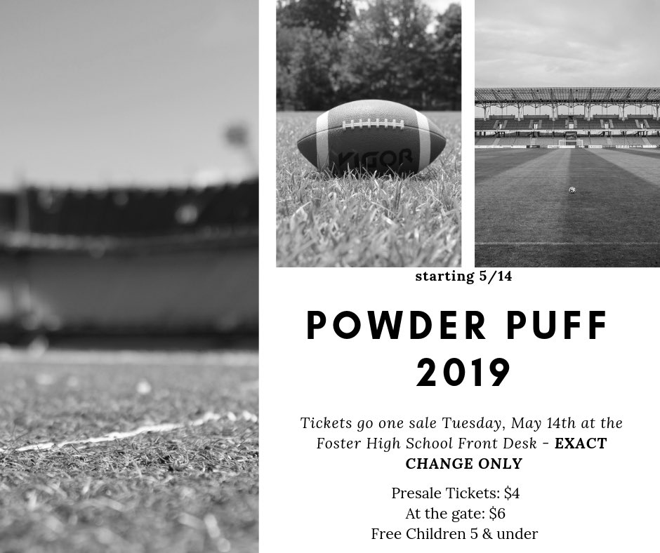 Powder Puff 2019!!! Seniors vs Juniors! Buy your tickets before hand or at the gate for $4 &amp; help support ProGrad 2019! It’s gonna be hot so make sure to stay hydrated &amp; hit up the concession stand!! #ProtectTheNest2019 #Classof2019 #PPF <a href="/FosterHSNews/">Foster High School</a> <a href="/FHSABC_TX/">FHSABC</a> <a href="/FHSStudentNews/">Foster Student Media</a>