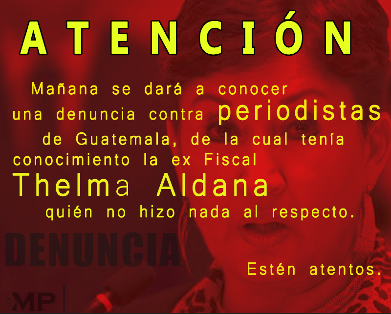 GtPeriodistas's tweet photo. "ATENCIÓN"

Mañana se dara a conocer una denuncia contra periodistas de Guatemala, 
de la cual tenía conocimiento la Ex Fiscal Thelma Aldana quién no hizo nada al respecto.

Atentos...

#Denuncia #Periodistas #ThelmaAldana #GT https://t.co/JrNN0BZlyq