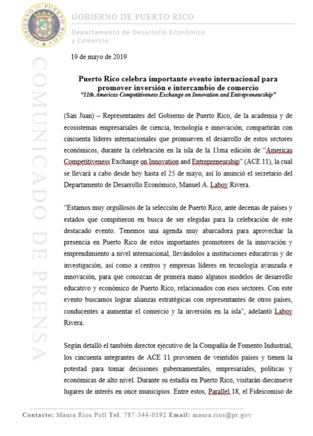 DDECPR's tweet photo. Puerto Rico celebra el importante evento internacional #ACE11 para promover inversión e intercambio de comercio. “Estamos muy orgullosos de la selección de P.R., ante decenas de países y estados que compitieron en busca de ser sede de este destacado evento. @Sec_Laboy_DDEC https://t.co/xJxCKCC8kw