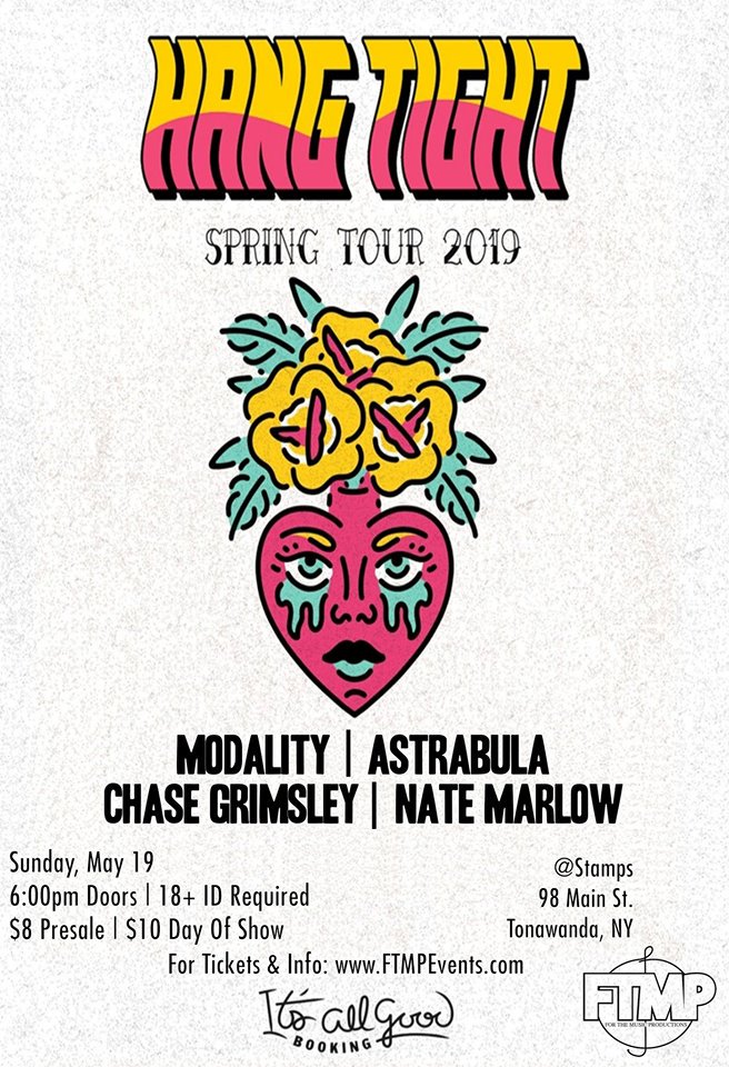 TODAY (May 19th)!!! <a href="/hangtightband/">Hang Tight</a> (Punk/Pop Rock out of New Jersey) in Buffalo, NY! w/ Modality, <a href="/astrabula/">Astrabula</a>, Chase Grimsley, &amp; Nate Marlow! 6:00pm doors at <a href="/StampsTheBar/">Stamps The Bar</a>! $8 tickets: purplepass.com/HangTight051919