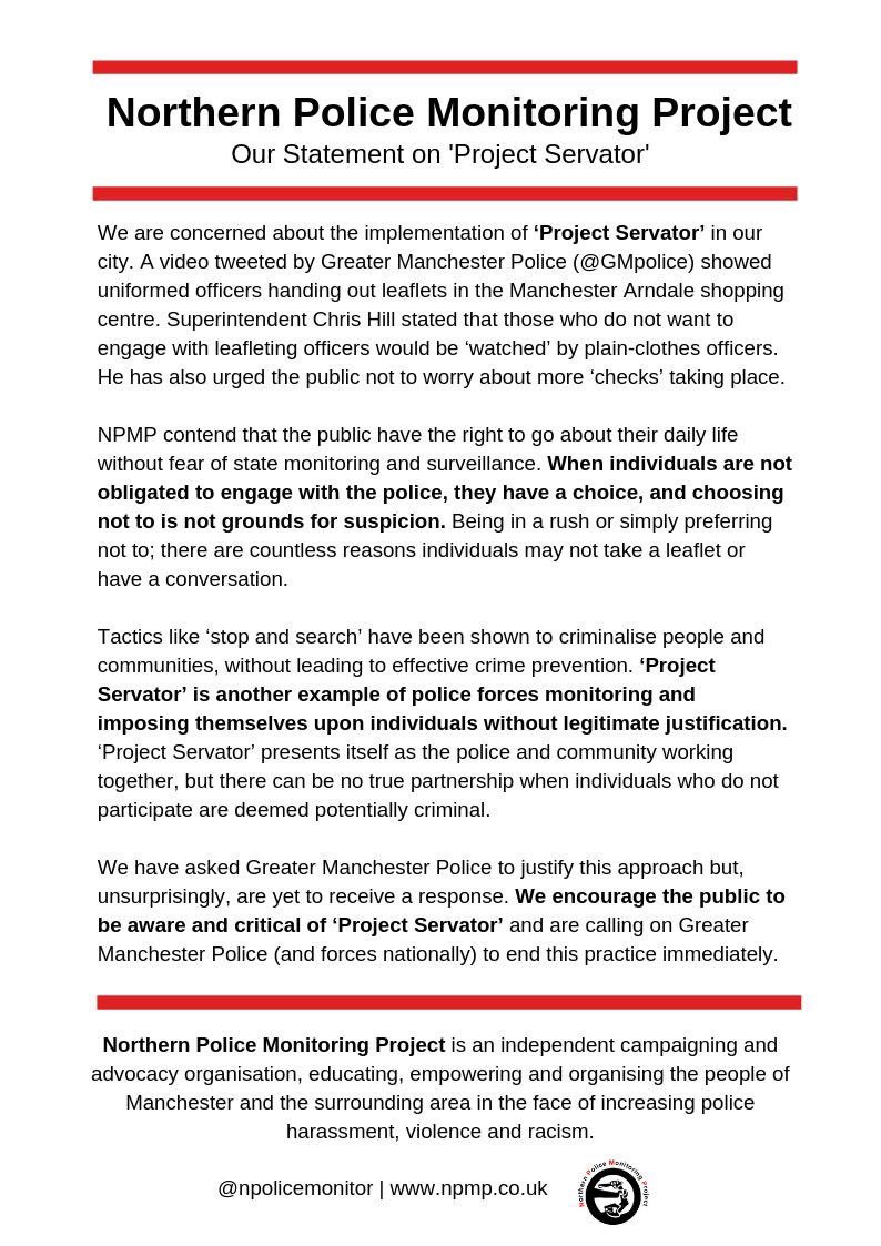 npolicemonitor's tweet photo. We are urging the public to be aware and critical of @gmpolice’s ‘Project Servator’. Please read and share our statement, which details our concerns about its use for the people of Greater Manchester and beyond. https://t.co/ihs8GGq7JB