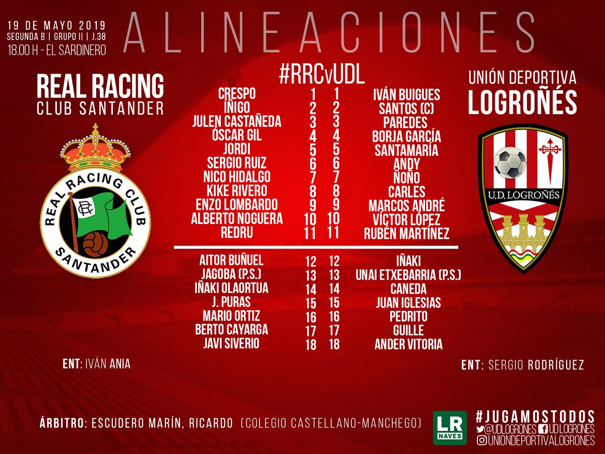 UDLogrones's tweet photo. ALINEACIONES 📋 | Onces confirmados en Santander, para la cita frente al @realracingclub, que arranca en El Sardinero en unos minutos (18h). Última jornada de liga... ¡Vamos a por segundo puesto! 💪⚪🔴
#JugamosTodos #UDLog https://t.co/Y0fxqu1l4C